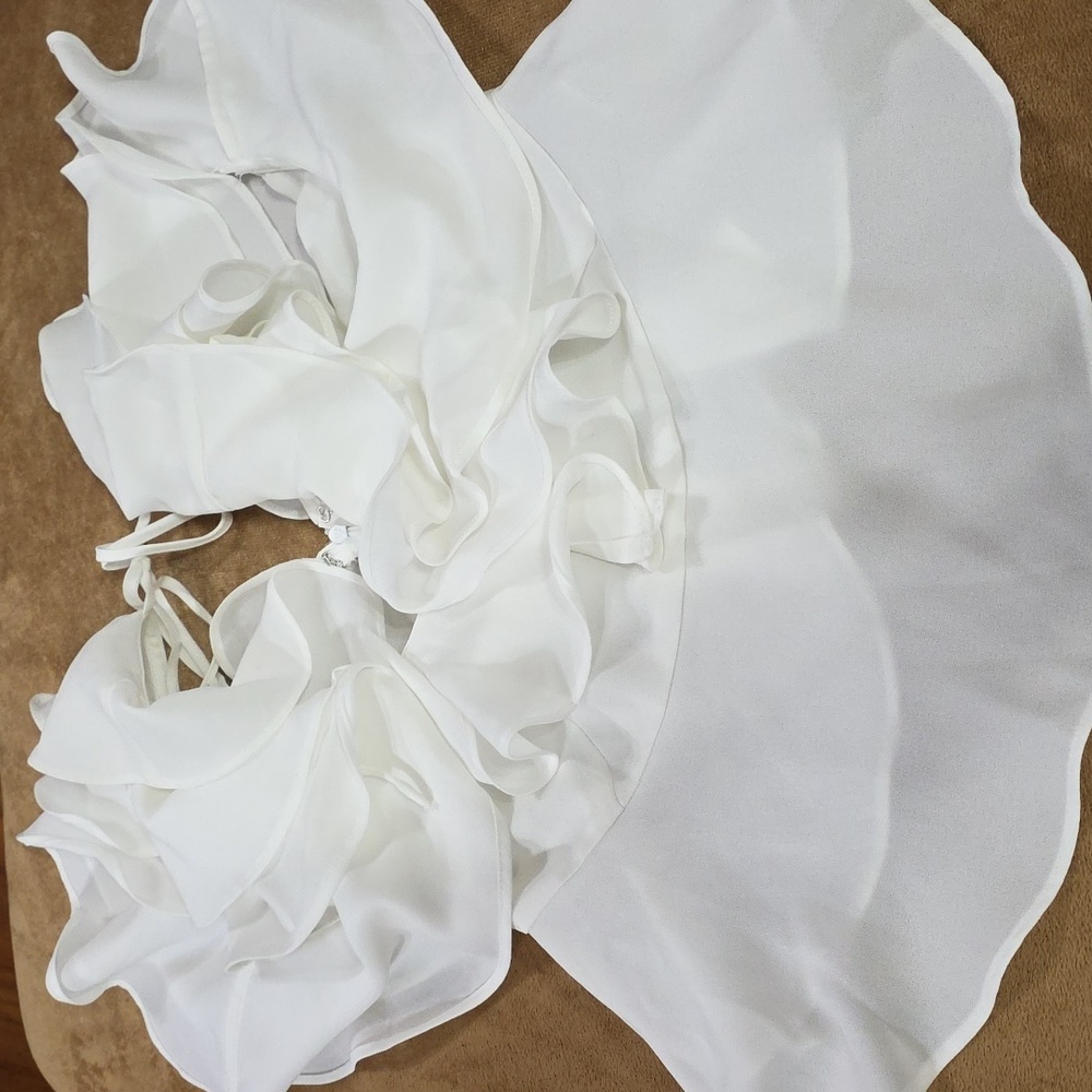 NWT Lulumari Women's Blouse Shirt White‎ Cap Sleeve Ruffly Peplum Zip Ties Sz S